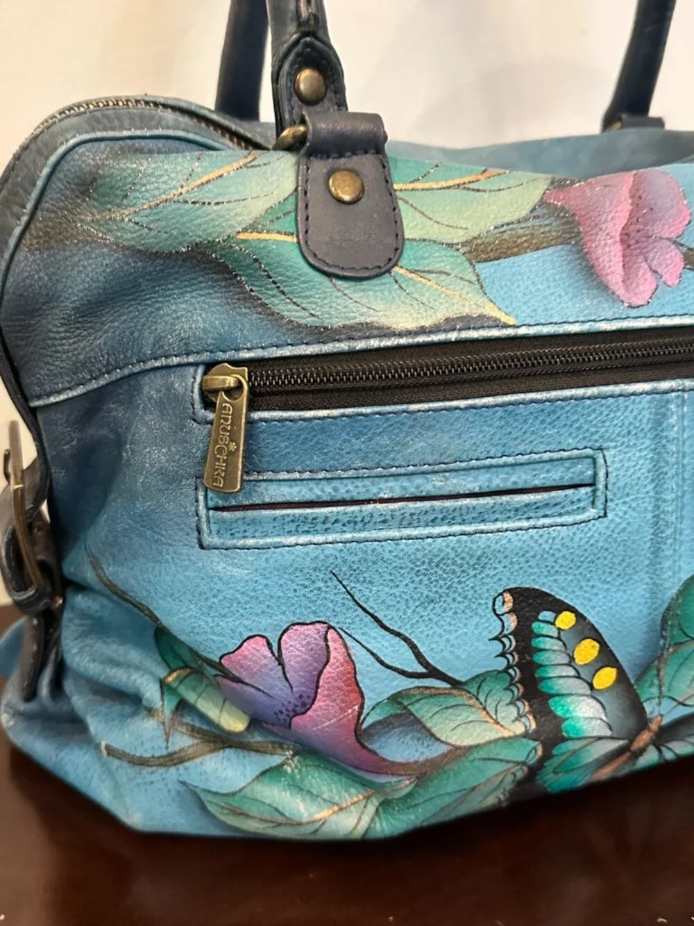 Anushka Hand Painted Leather Satchel Bag Butterfly Bird Floral Turquoise Baes